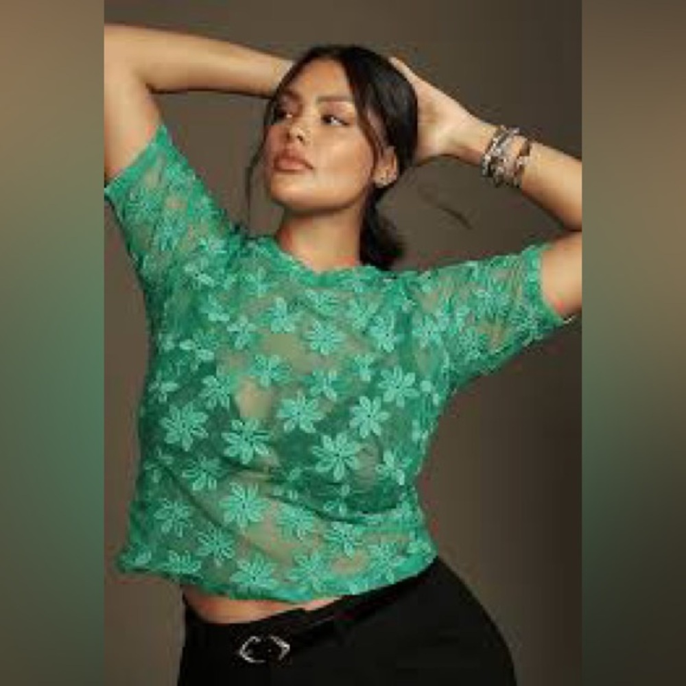 Anthropologie green Porridge daisy sheer Lace Tee s